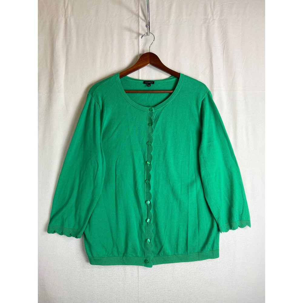 Talbots Womens XL Green Scallop Trim Button Front Cardigan Sweater Preppy